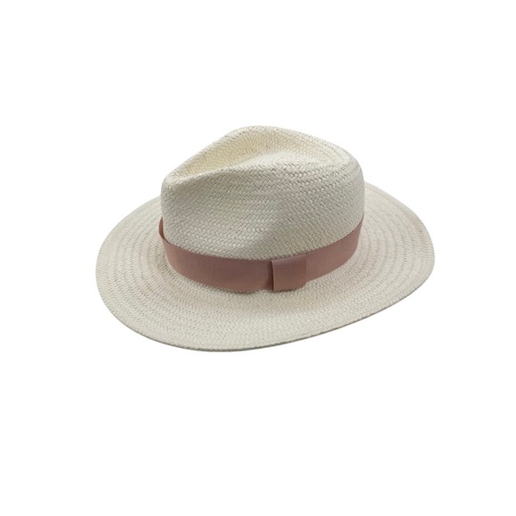 Rag & Bone Womens Straw Fedora Hat Cream Ivory Pink Ribbon Band Size M
